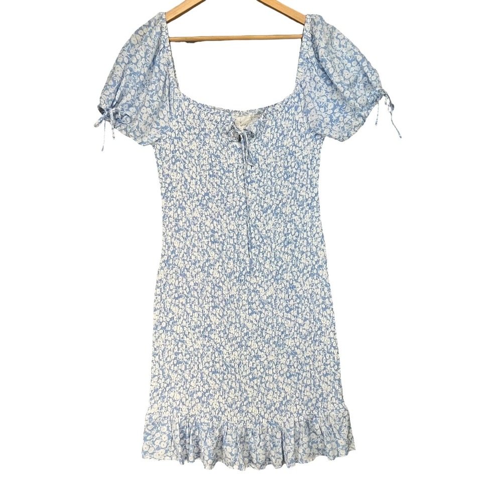 Lost + Wander Smocked Mini Sky Blue White‎ Floral Spring Wedding Guest Dress L
